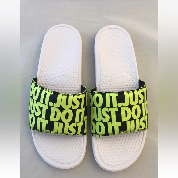 Nike Benassi JDI Print Just Do It Men’s Slides Slippers White Volt- Black 13 - Picture 5 of 12